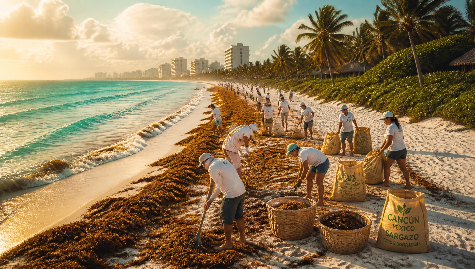 Voluntarios recolectando sargazo en playas del Caribe Mexicano